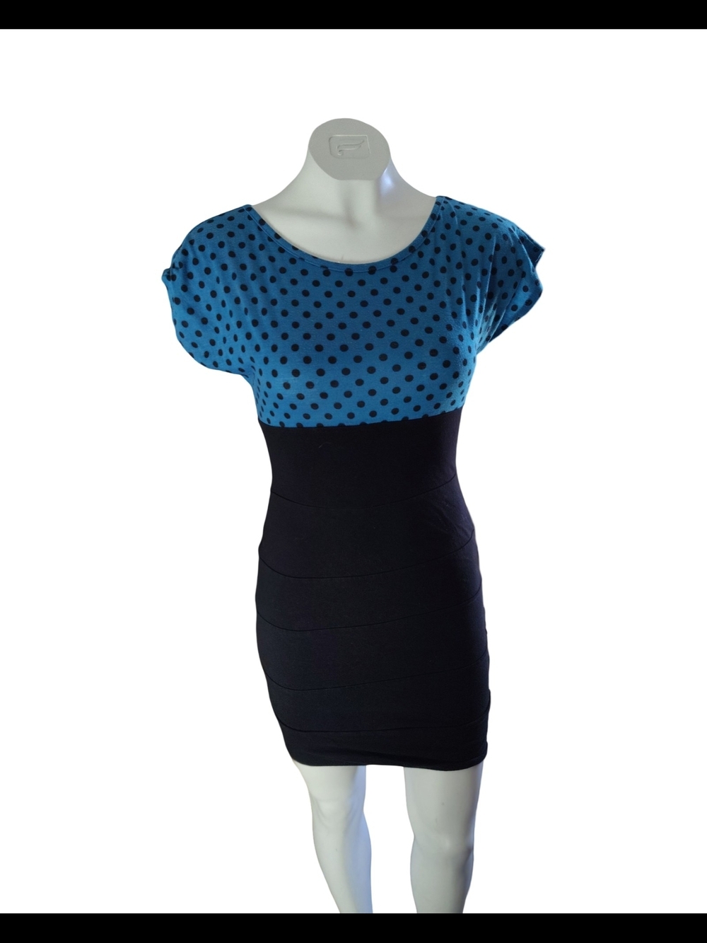 Wet Seal Vintage Y2K Blue Polka Dot Top with Black Bandage Skirt Dress